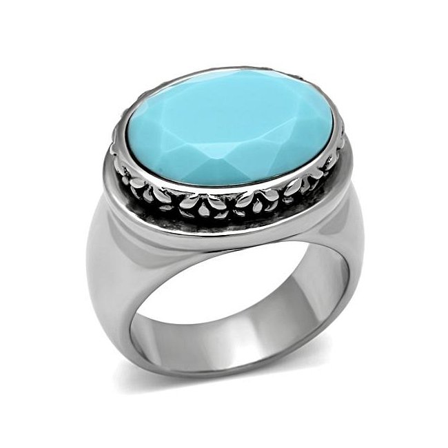 Bold Decorative Electric Blue Oval Ring ~ Stainless Steel Silver