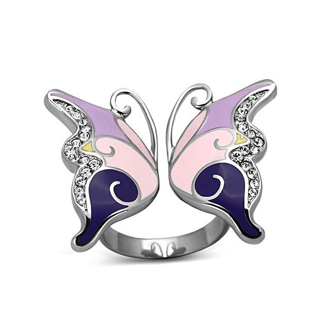 Lovely Purple Multi Color Butterfly Ring - Stainless Steel Silver