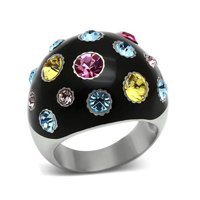 Black Multi Color Crystal Black Dome Ring ~ Stainless Steel Silver