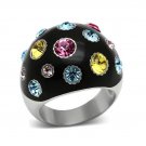 Black Multi Color Crystal Black Dome Ring ~ Stainless Steel Silver