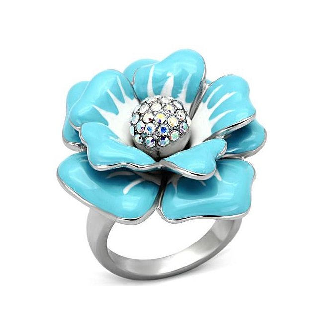 Beautiful Blue & White Rose Flower Multi Color Crystal Ring ~ Stainless Steel