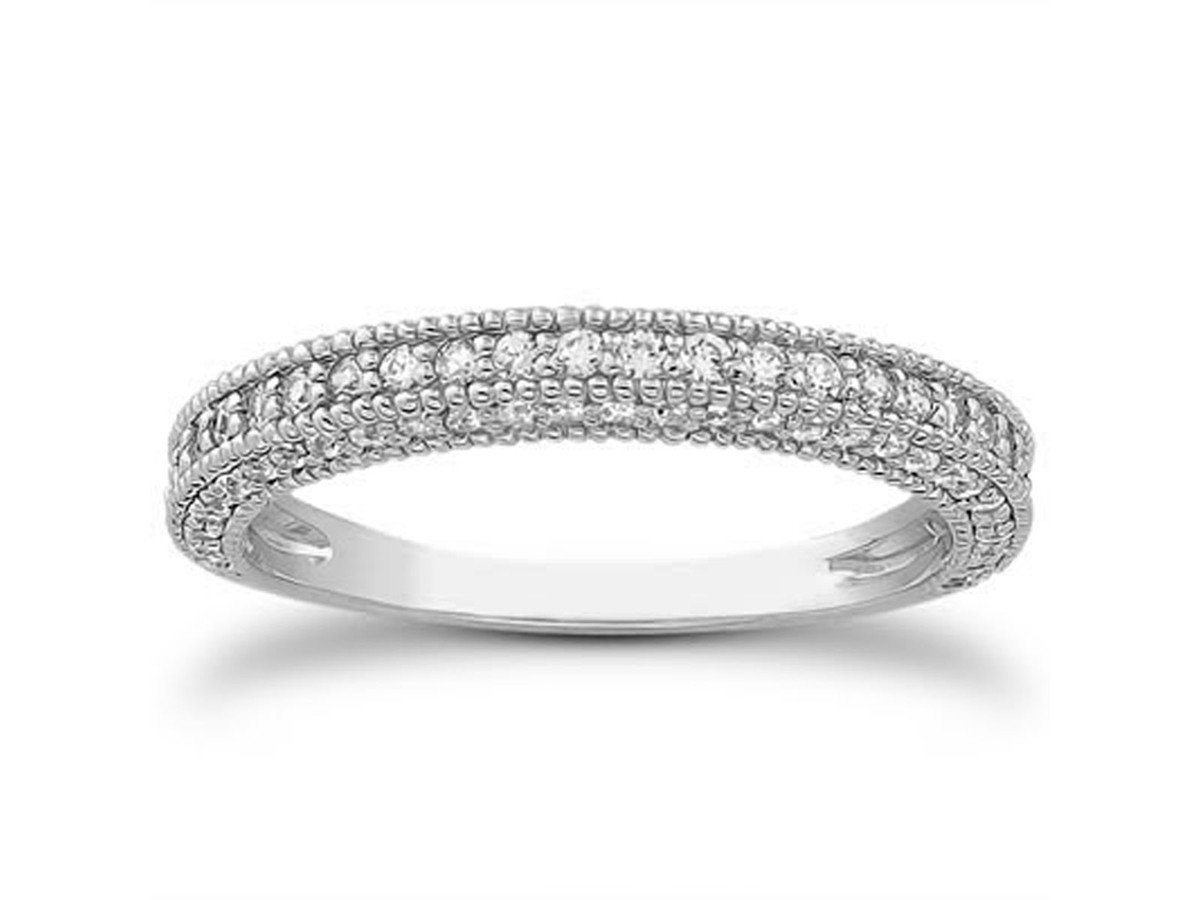 Fancy Pave Diamond Milgrain Wedding Ring Band in 14K White Gold