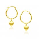14K Yellow Gold Classic Hoop Earrings with Lovely Puffed Heart Charm