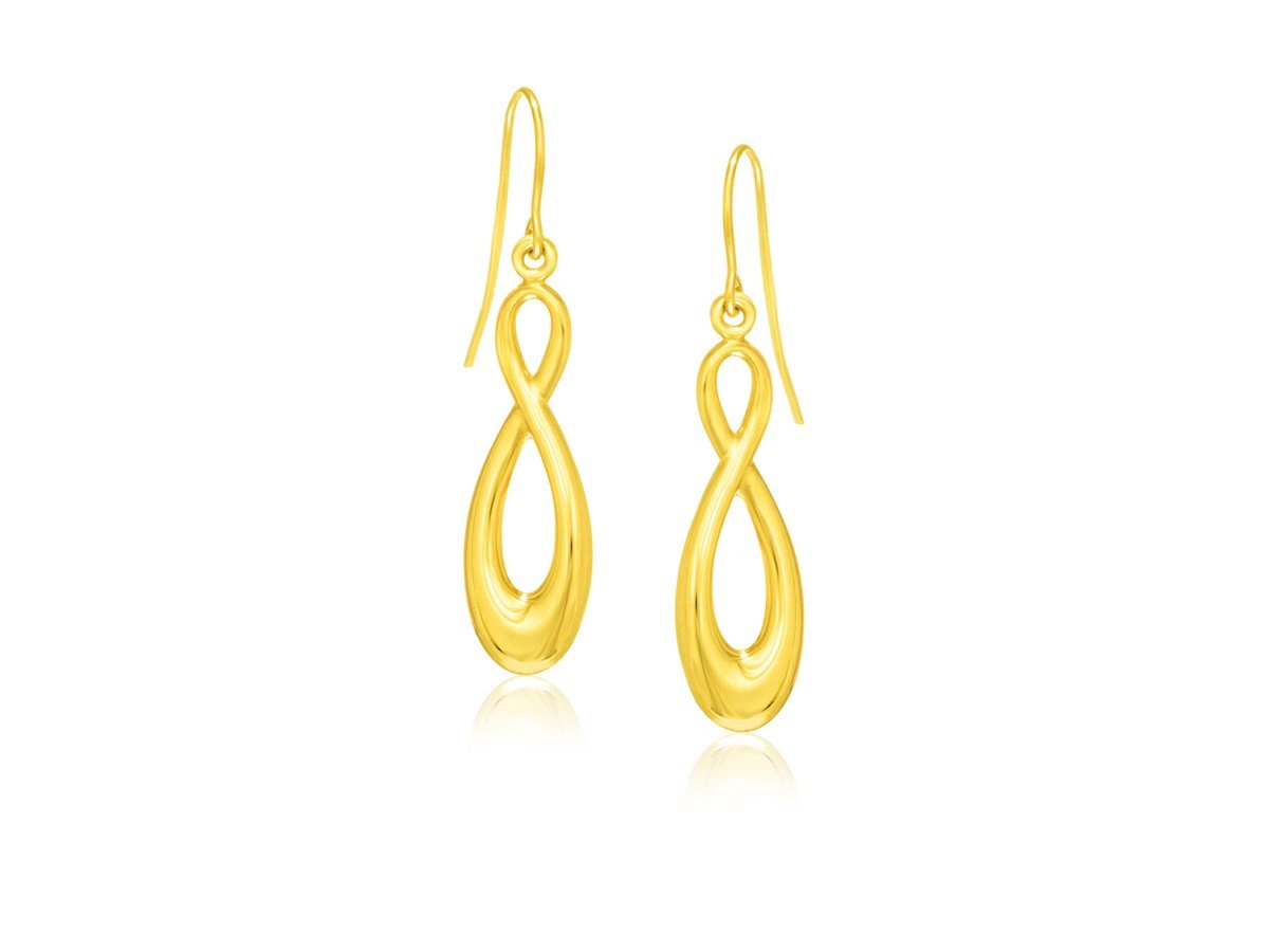 Shiny Infinity Style Dangle Drop Earrings in 14K Yellow Gold