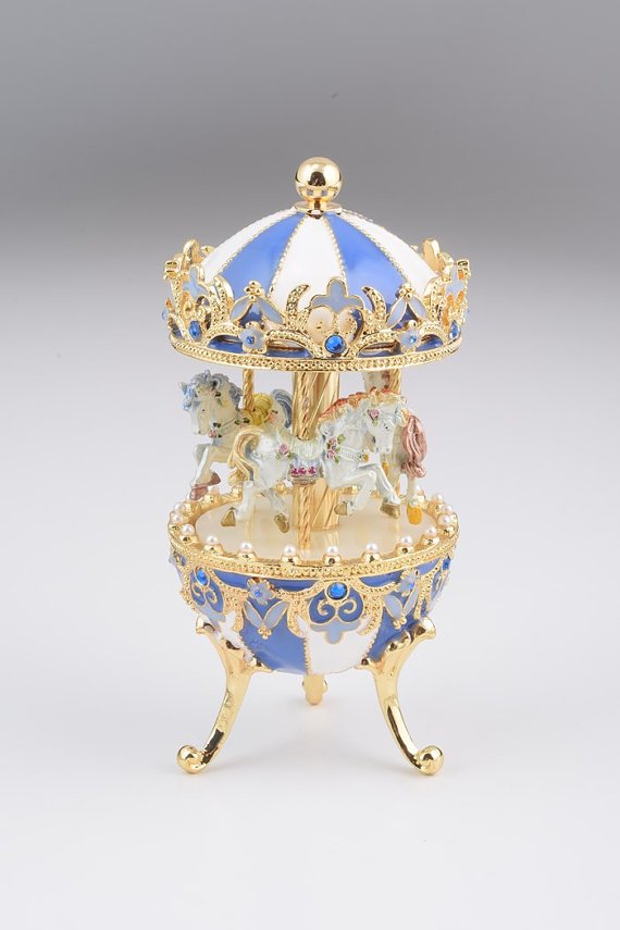 Blue & White Spinning Music Playing Carousel w/ White Royal Horses