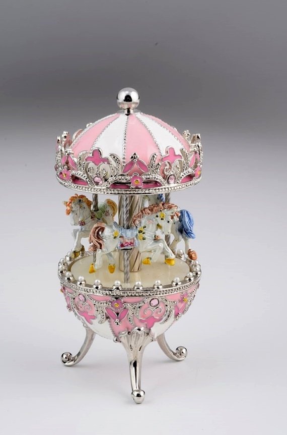Pink & White Spinning Music Playing Carousel w/ White Royal Horses