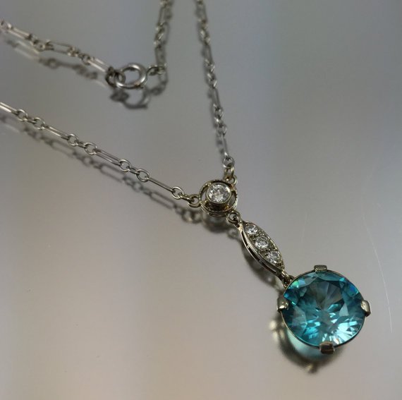 Rare Edwardian 14K Zircon & Diamond Lavaliere Pendant Necklace