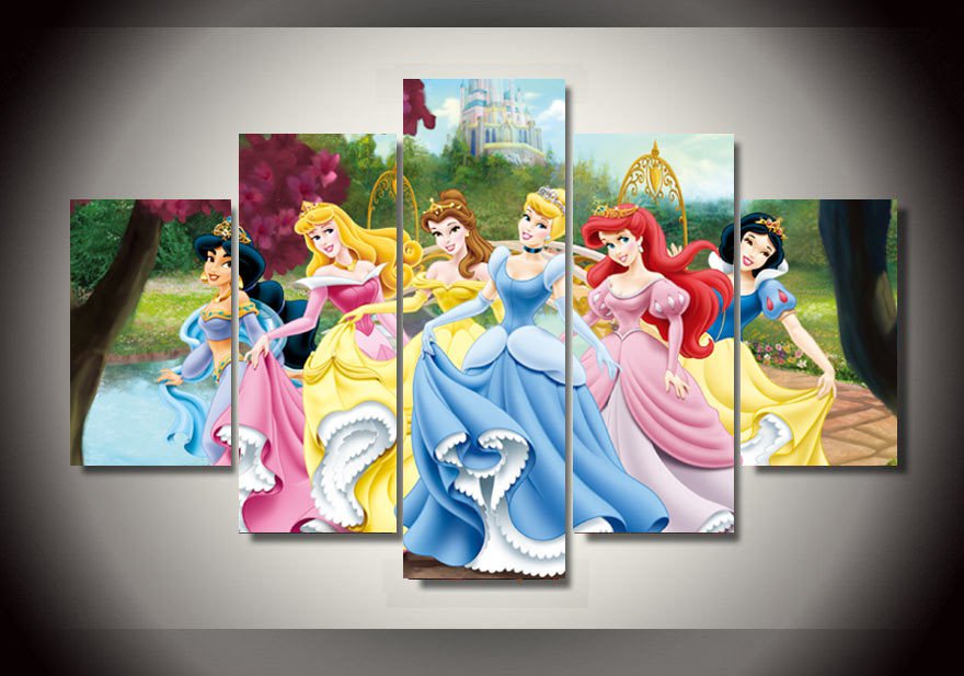 Disney Princesses Framed 5pc Oil Painting Wall Decor Cartoon bedroom art