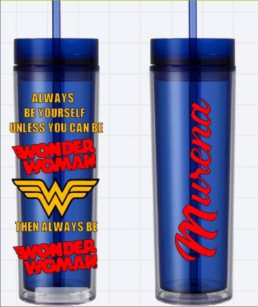 Wonder Woman Blue Custom Name Long Tumbler Sipper Cups