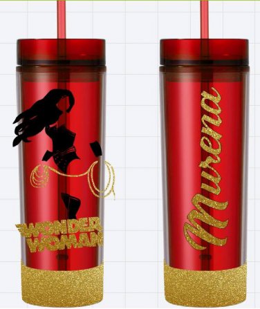 Wonder Woman Red Glitter Custom Name Long Tumbler Sipper Cups