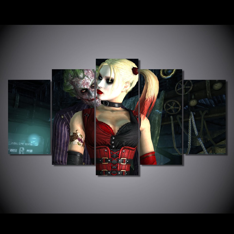 Harley Quinn and Joker Movie 5pc Framed Canvas Oil Painting Wall Decor HD Superhero