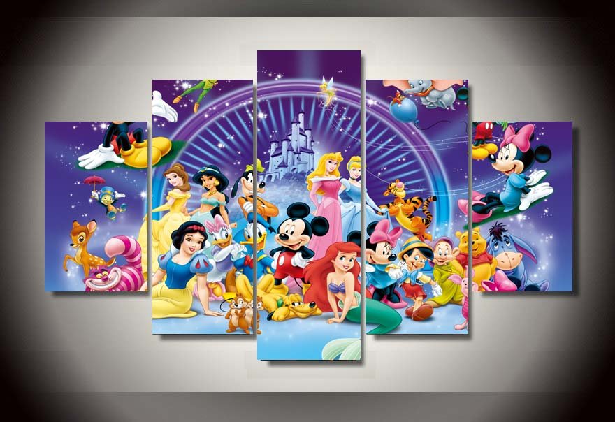 Disney Magic Castle Characters Framed 5pc Oil Painting Wall Decor HD