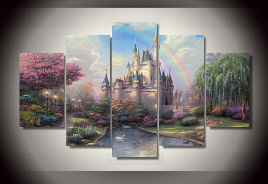Cinderella's Castle Magical Rainbow 5pc Wall Decor Framed Oil Painting