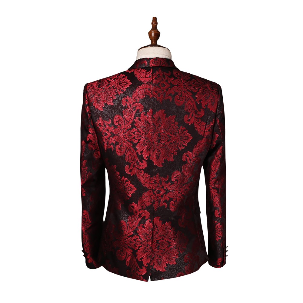 Mens Red and Black Flower Print Tuxedo Suit Jacket Coat