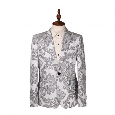 Mens White and Gray Flower Print Tuxedo Suit Jacket Coat