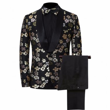 Black Golden Flower Single Breasted Tuxedo Suit Luxury Attire Coat, Pants and Tie -XS to 6xl