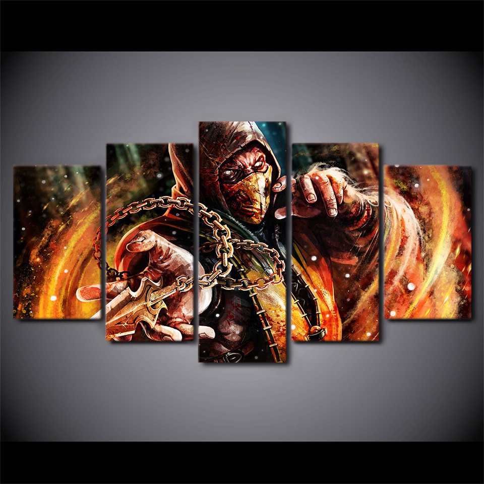 Mortal Kombat Gaming Fighter Character Canvas Painting 5pc Framed Oil ...