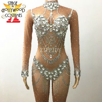 Diamond Crystal Sparkling Bling Full Body Stage performer romper costume women