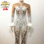 Rhinestones White Lace Nude Full Bodysuit Female Stage performer costume Party