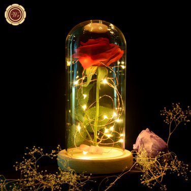 Beauty and the Beast Red Silk Rose and Led Light with Fallen Petals in a Glass Dome on a Wooden Base
