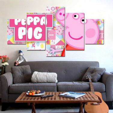 Peppa Pig Cartoon Character Kids Pink HD 5pc Wall Decor Framed Oil Painting