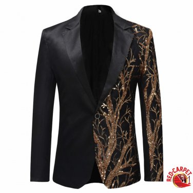 Black and Gold Single Breasted Sequin Jacket Men Red Carpet Fashion Attire Blazer