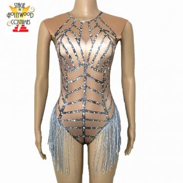 Custom Silver Sparkle Tassel Leotard Fringes Bodysuit Stage Performer Costume Singer Drag