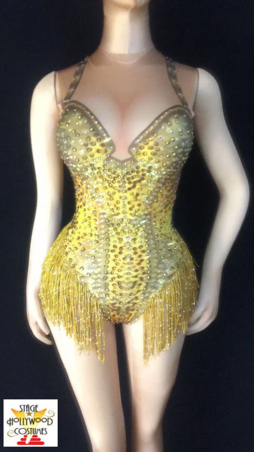 Custom Gold Rhinestone Tassel Leotard Fringes Bodysuit Stage Performer