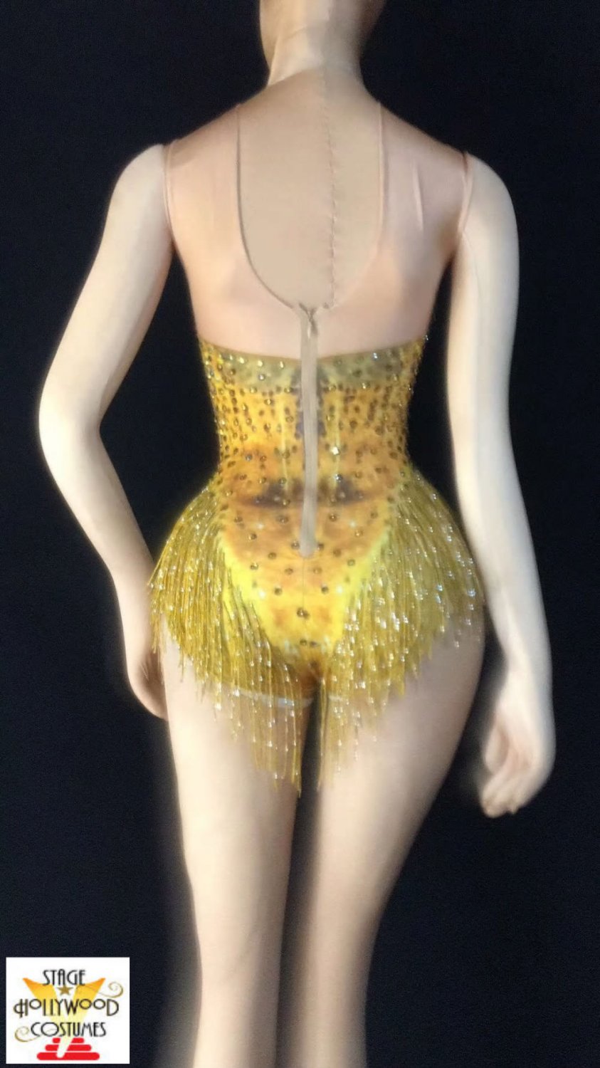 Custom Gold Rhinestone Tassel Leotard Fringes Bodysuit Stage Performer