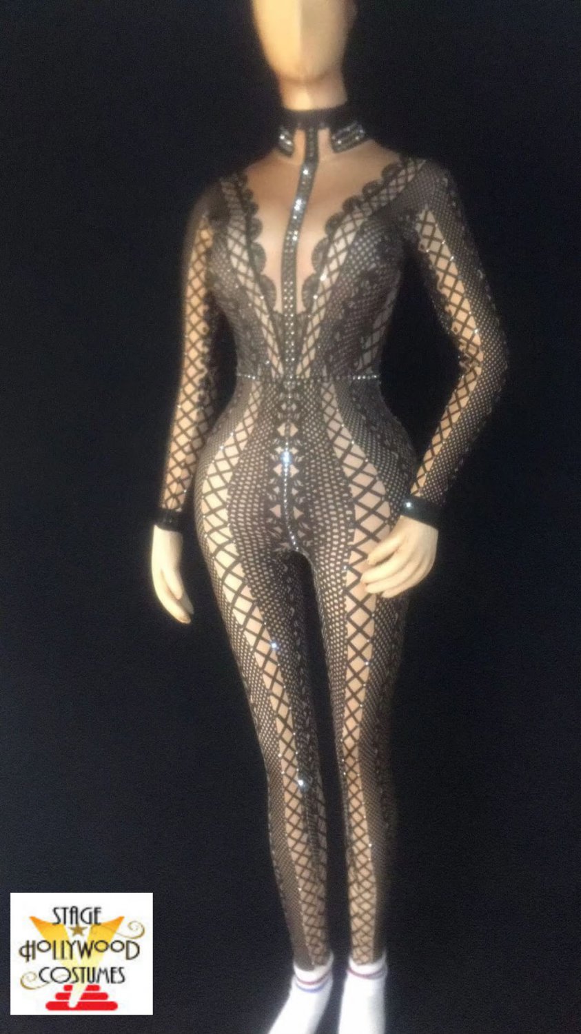 Custom Gray Spandex Design Jumpsuit Rhinestones Stage Performer Costume Singer Drag