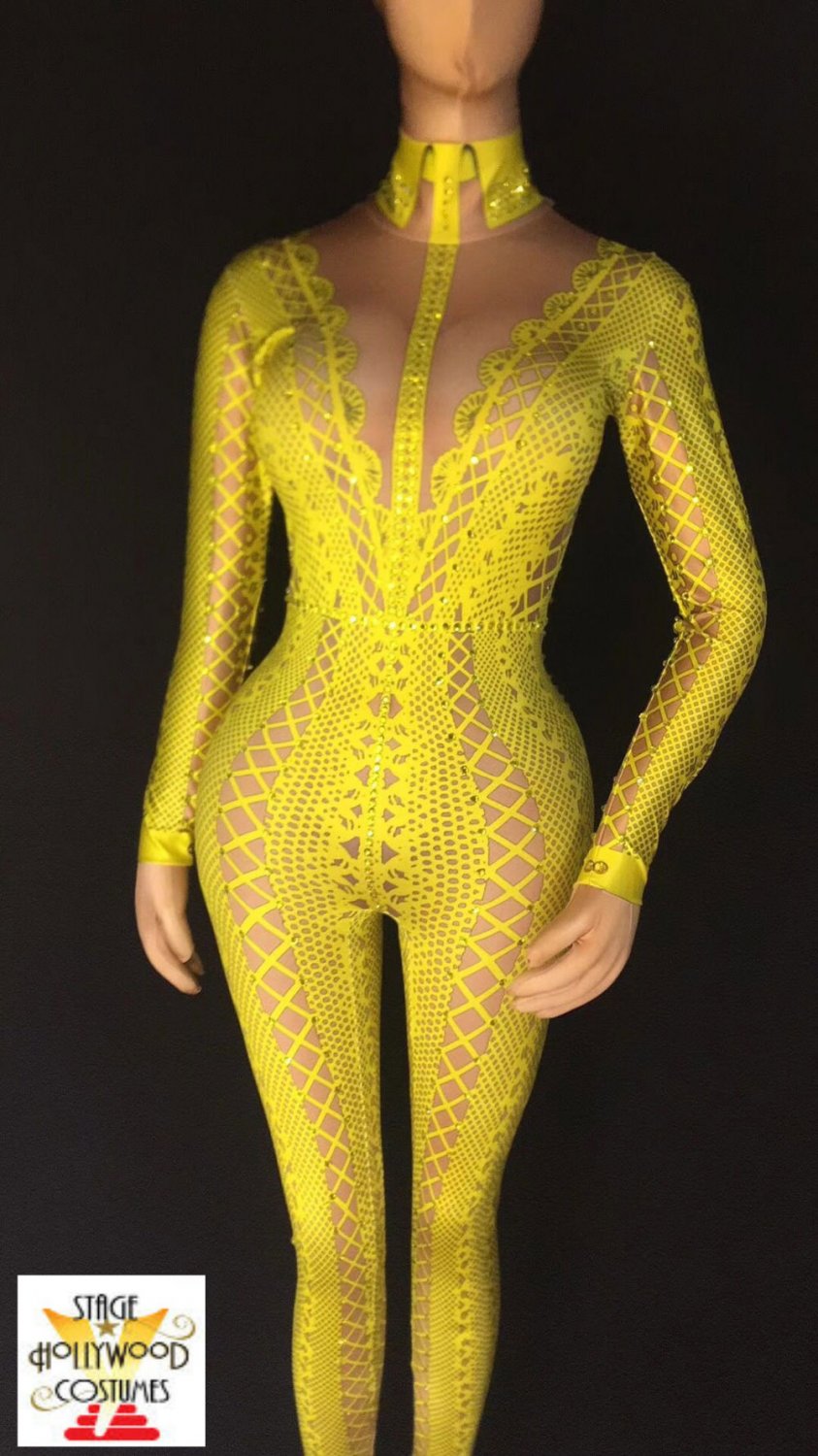 Custom Yellow Spandex Design Jumpsuit Rhinestones Stage Performer Costume Singer Drag
