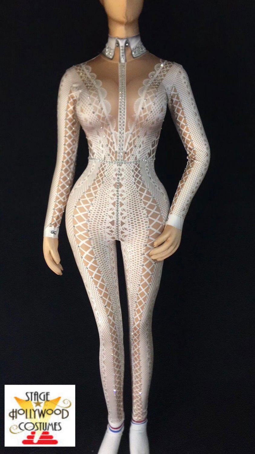 Custom White Spandex Design Jumpsuit Rhinestones Stage Performer Costume Singer Drag