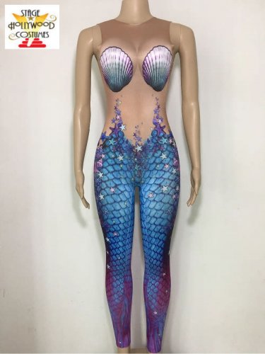 Custom Mermaid Print Design Jumpsuit Bodysuit Stage Performer Costume Singer Drag