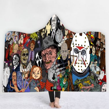 Horror Movie Characters Animated Style Kids Hooded wrap fleece blanket throw