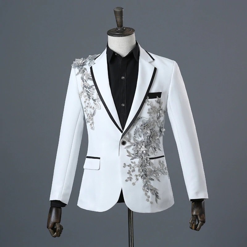 White and Silver Elegance Single Breasted 2pc Suit Jacket Men Red