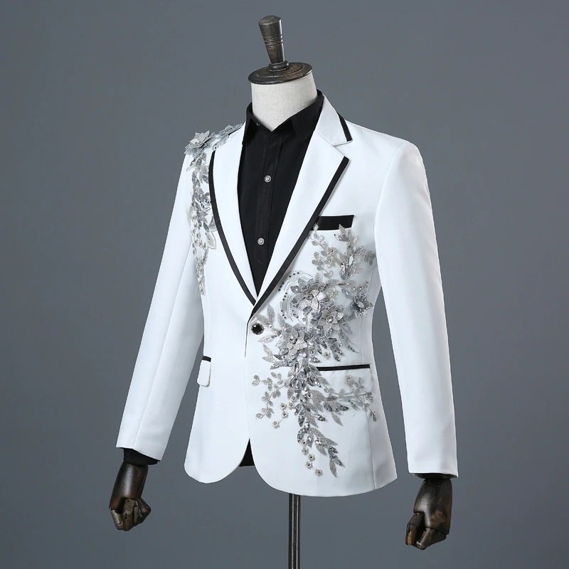 White and Silver Elegance Single Breasted Suit Jacket Men Red Carpet ...