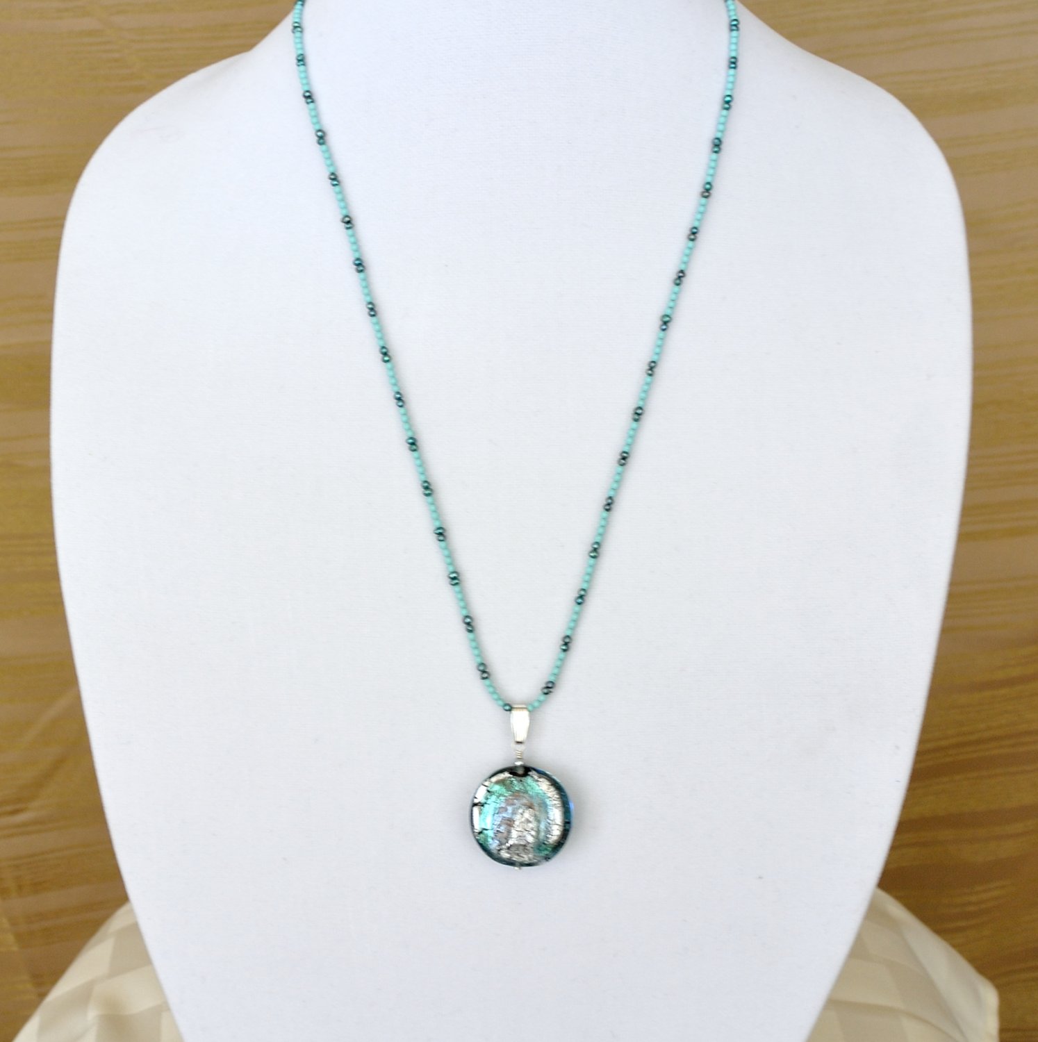 Genuine Murano Glass Pendant And Turquoisepearls Necklace Sterling Silver 8537