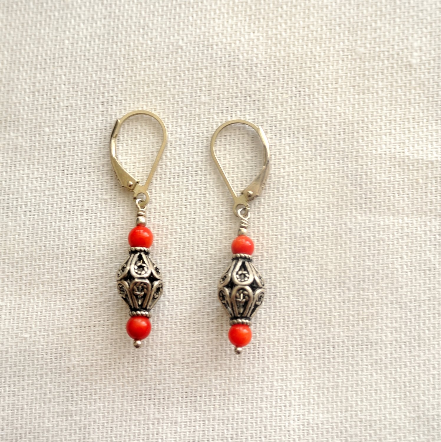 Coral Filigree Sterling Silver Leverback Earring