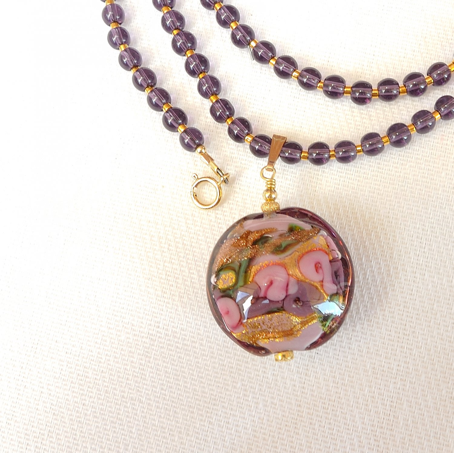 Genuine Murano Glass Pendant And Amethyst Quartz Gold Filled Necklace