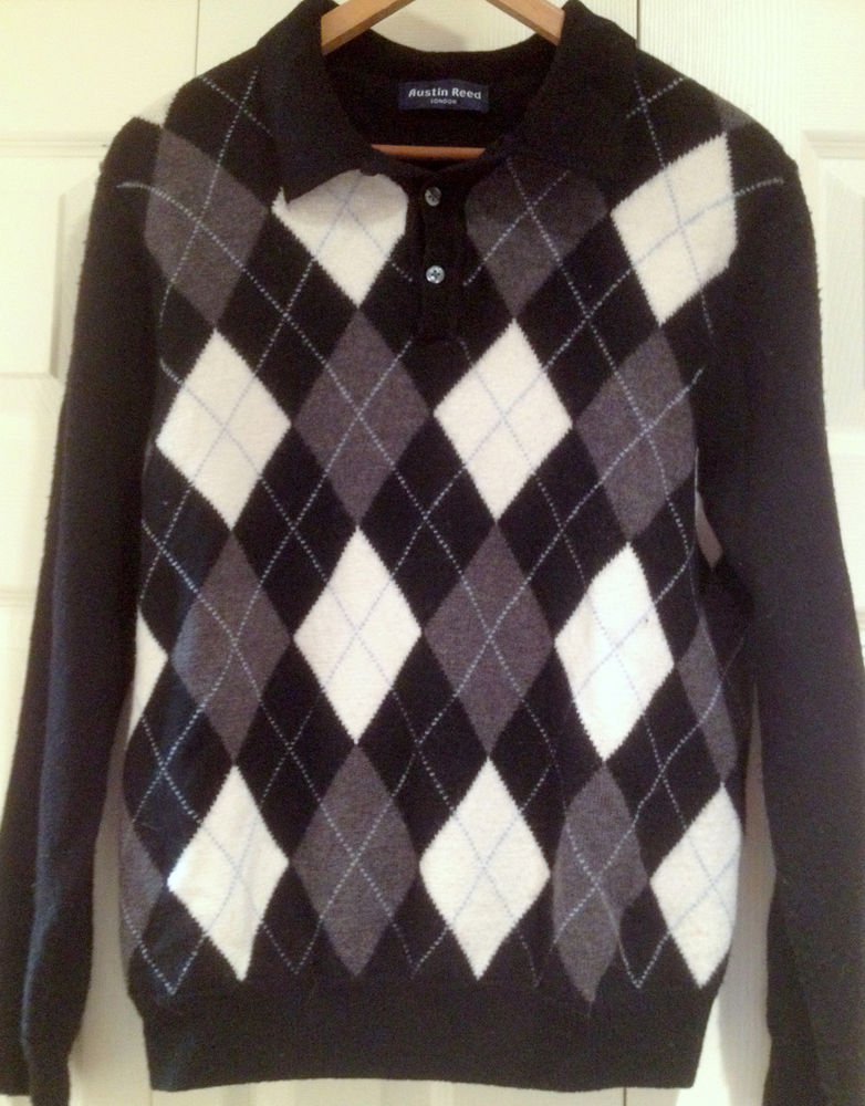 Austin Reed Argyle Polo Collar Black/White/Gray Sweater 100% Merino Wool LG