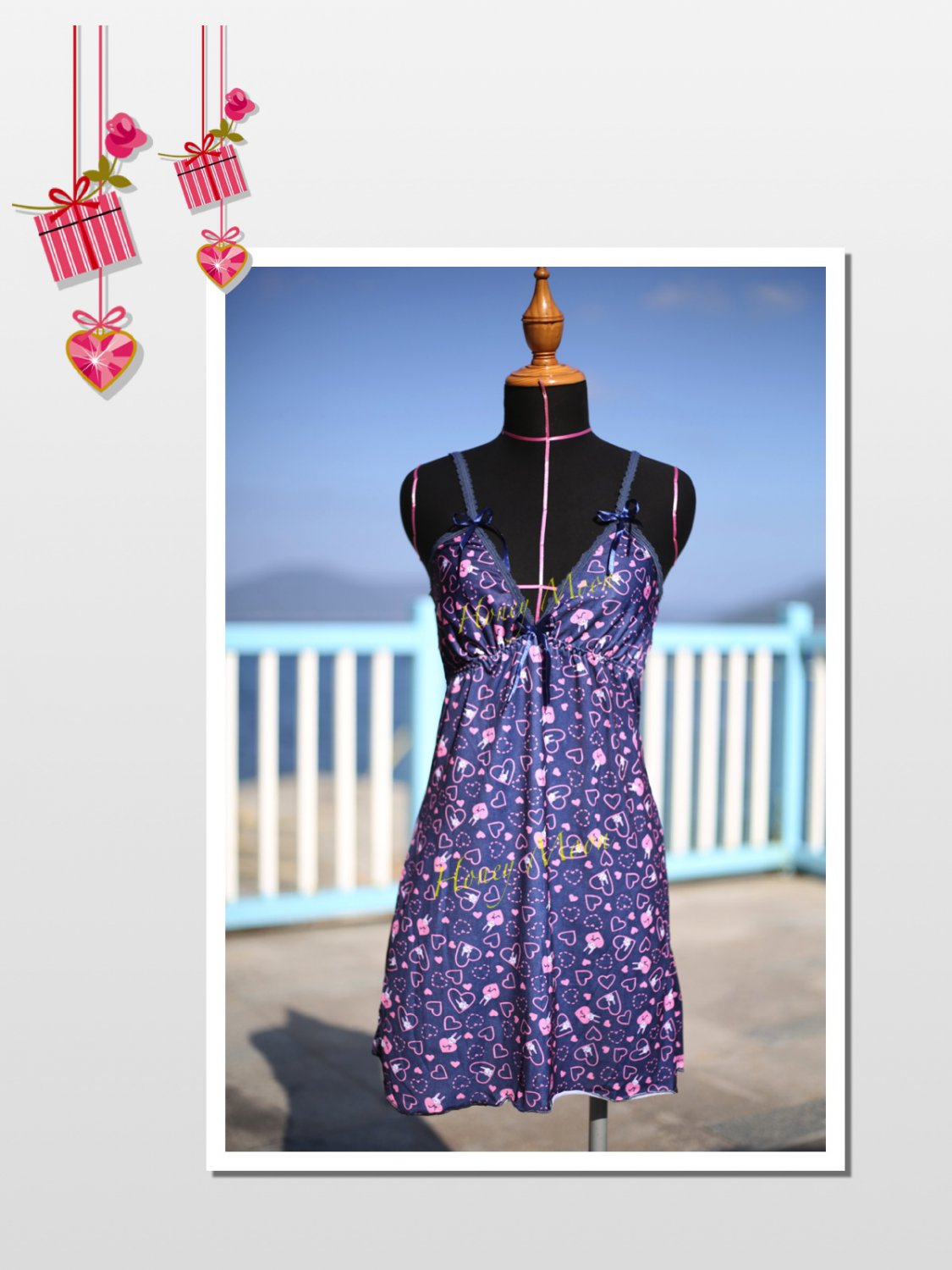 Cute V-neck Rabbit & Heart Print Lingerie Nightgown