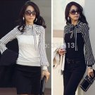 Fashion OL Women Ladies Stripe Lantern Long Sleeve Turtleneck Shirts Blouses
