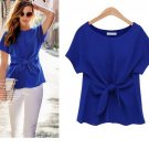 women Bowknot blouses O-neck short sleeve shirts chiffon casual