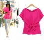 women Bowknot blouses O-neck short sleeve shirts chiffon casual
