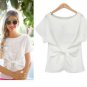 women Bowknot blouses O-neck short sleeve shirts chiffon casual