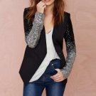 Women Blazer Suit Long Sleeve Lapel Silver Black Elegant Trench Coat Medium Size