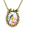 Vintage Antique Bronze Oval Flower Bird Alloy Pendant Necklace