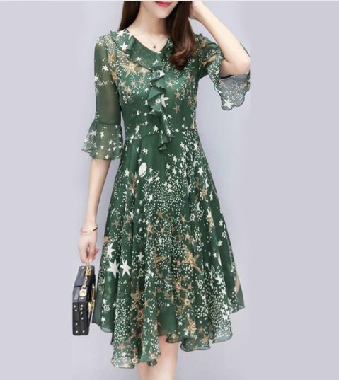 free ship Chiffon Dress Women Half Sleeve 2018/Medium/Large