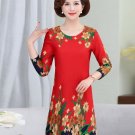 Women Autumn Dresses Red Blue Green Oriental Flower Print One Piece Dress Female Round Collar