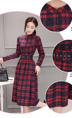 Autumn Winter Plus Size Red Plaid Cotton Midi Dresses Women